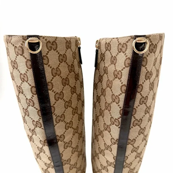 GUCCI || Vintage GG Canvas Knee High Heeled Boots Brown Monogram US 8.5 - Picture 7 of 16